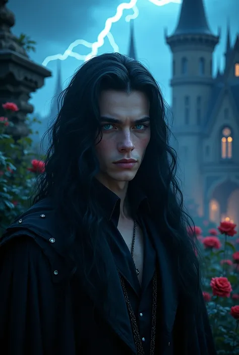 A handsome young heterosexual man with strikingly large azure blue eyes and long dark hair, exquisite facial features, in a dark gothic-style magical castle, rose garden, eerie and ominous atmosphere, the most attractive man in the world, night storm, goth...