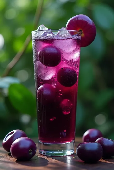 create a soda with jabuticaba flavor, with some jabuticaba fruits scattered around