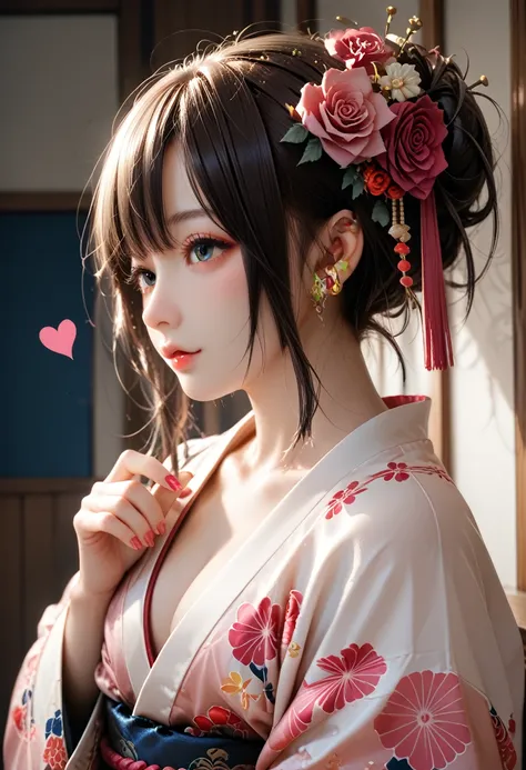 A slender Japanese model with a blunt straight haircut, wearing an exquisite kimono adorned with rose embroidery, makes a heart shape with her hands in the center of Kyoto. BREAK Featured on the cover of a magazine