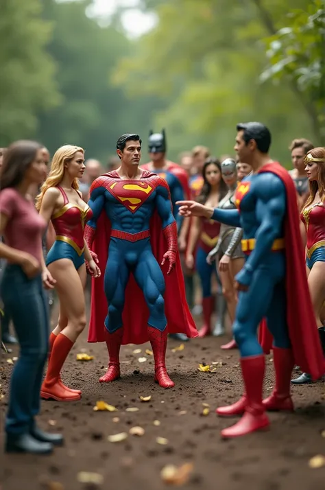 Spiderman, super woman, batwoman, batman, Superman, wonderwoman and 50 other normal peoples Playing Statues at soil place 