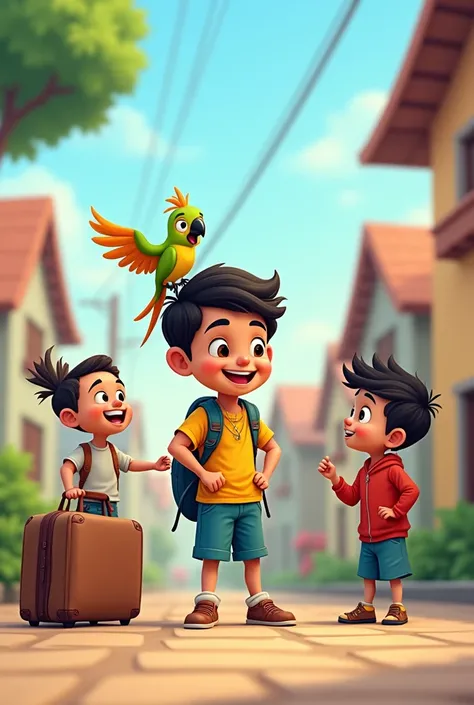 "A cartoon boy named Sheru, his pet parrot Tinku, and his friend Ramu excitedly packing their bags for a trip. They are standing outside their home, happily talking about their journey to Sheru’s grandfather’s house."