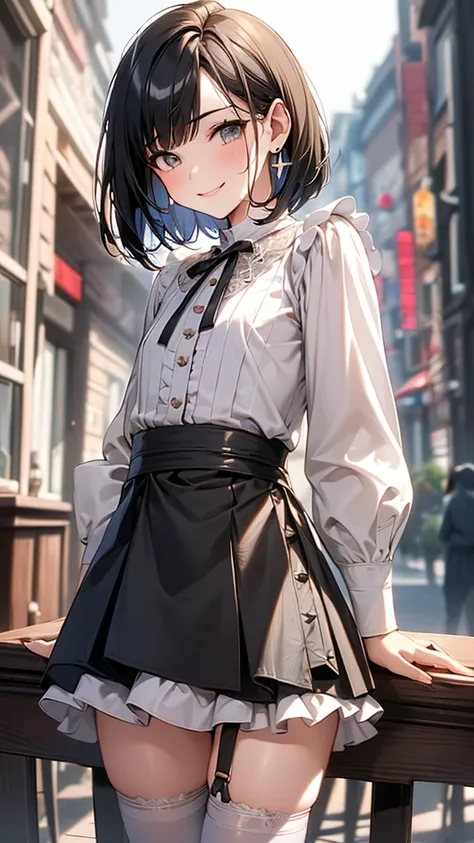 Best Quality, 1boy,Androgynous male,(Flat Chest:1.3),Black Hair,Short Bob Cut,White ruffled blouse,Stripe vest,Lace long sleeves,Ribbon tie,Culottes skirt,mini skirt,Ribbon on waist,Vertical striped tights,Smiling Kindly,smile,Portraits, Quiet cafe terrace...