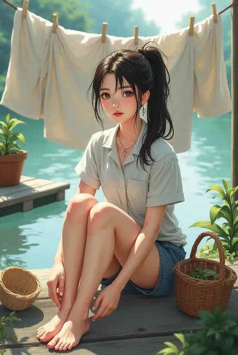 1girl, barefoot, solo, jewelry, sitting, water, earrings, long_hair, ponytail, black_hair, clothesline, necklace, laundry, skirt, feet, brown_eyes, shirt, basket, plant, lipstick, brown_hair, looking_at_viewer