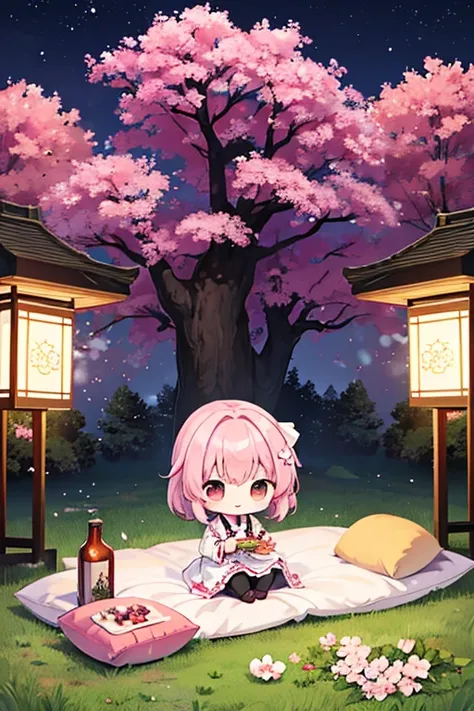 Saigyouji Yuyuko Having a picnic under the cherry blossom tree, eating gourmet food, night cherry blossom, moonlit night, drinking sake, having a picnic, small chest, default clothes, Saigyouji Yuyuko, Saigyou Ayakashi, bare_tree, 1chibi princess, stand ne...