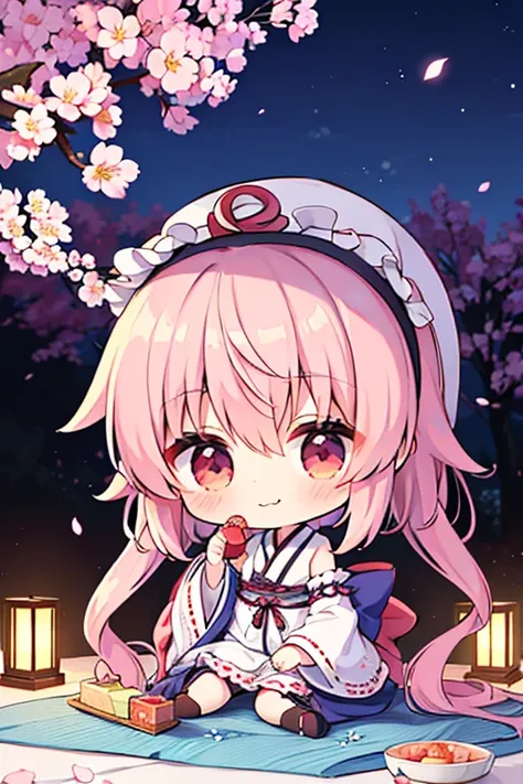 Saigyouji Yuyuko Having a picnic under the cherry blossom tree, eating gourmet food, night cherry blossom, moonlit night, drinking sake, having a picnic, small chest, default clothes, Saigyouji Yuyuko, Saigyou Ayakashi, bare_tree, 1chibi princess, stand ne...