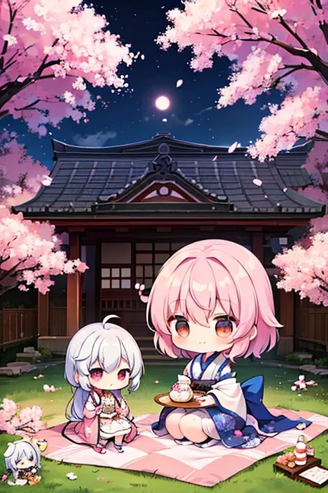 Saigyouji Yuyuko Having a picnic under the cherry blossom tree, eating gourmet food, night cherry blossom, moonlit night, drinking sake, having a picnic, small chest, default clothes, Saigyouji Yuyuko, Saigyou Ayakashi, bare_tree, 1chibi princess, stand ne...