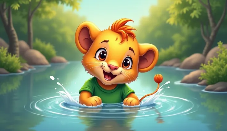 Little Lion cute green tshirt cartoon style किट्टू को तैरना नहीं आता था जिस कारण किट्टू नदी में डूब कर बह जाता है