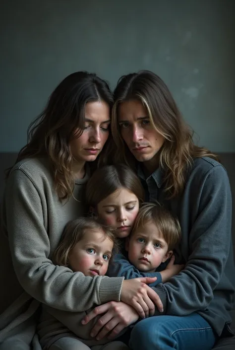 Fais une photo dun avec sa femme et ces enfants triste 