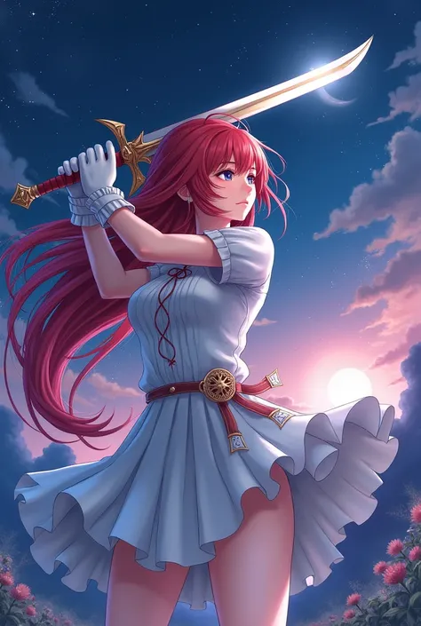 Red long hair anime girl，White Gloves，short skirt dress，Night sky，holy sword