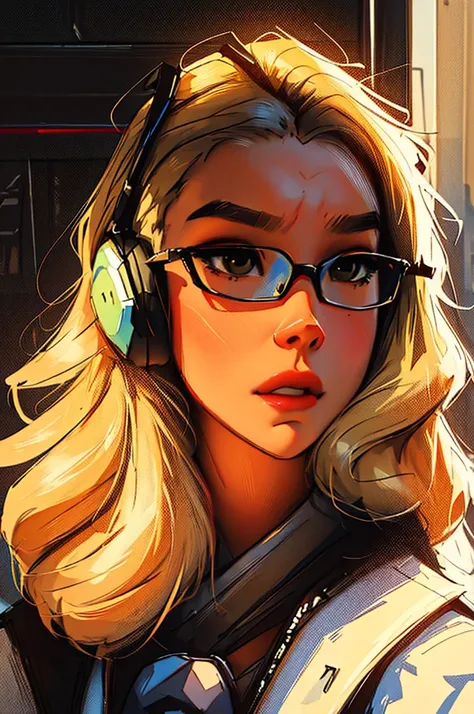 a woman with headphones and glasses on her head, kate bishop, high quality portrait, style artgerm, trending artgerm, urban girl fanart, with headphones, artgasm, artgerm and ilya kuvshinov, girl wearing headphones, artgerm portrait, in the style artgerm, ...