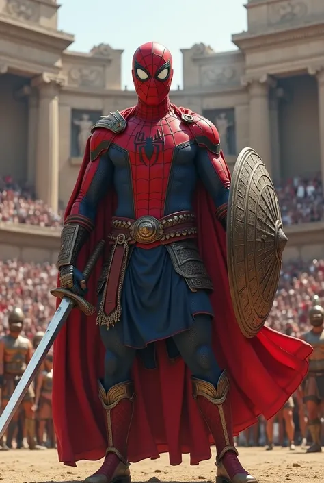 Spiderman dalam arena gladiator, wearing simple armor, holding sword and shield, prepare to face the enemy."