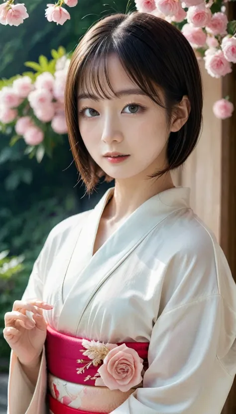 a slender japanese model with a blunt straight haircut, wearing an exquisite kimono adorned with rose embroidery, makes a heart ...