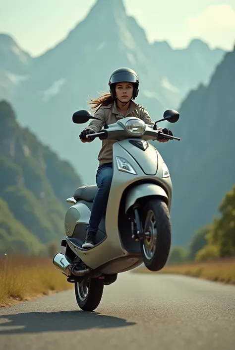 A women riding a Activa and doing willy stunt in front facing .
It should be real not animated with a mountainous background 