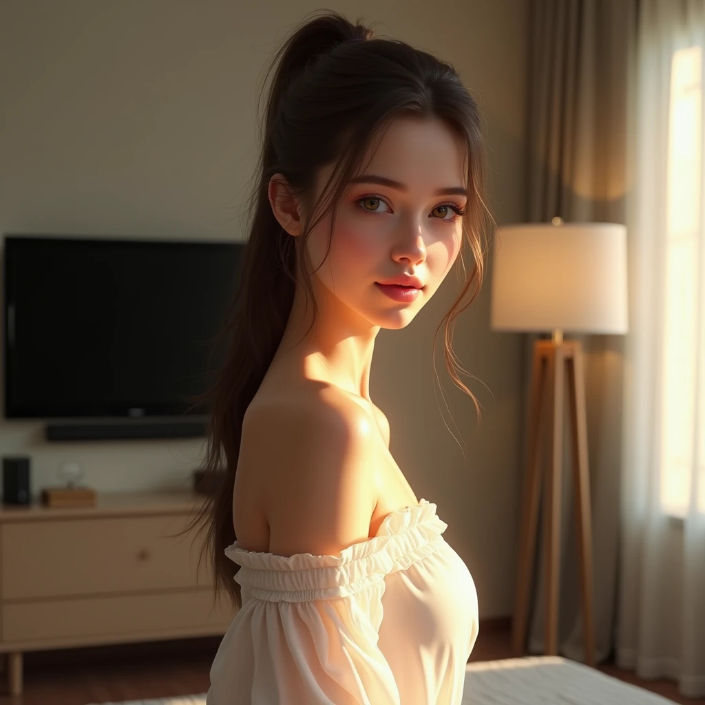 BEAUTIFUL European girl, pale skin white, long hair gathered into a neat ponytail, brunette, 
smiles slightly, dimples on the cheeks, lips are pale.

in a transparent light beige blouse unbuttoned to the waist,  Transparent fabric,

the girl stands half si...