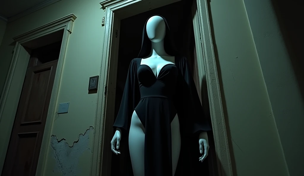 sexy white mannequin, wearing sexy black nun clothes, seductively holding a door, curious, at an abandoned building, eerie feeling, horror, white faceless face, faceless, mannequin girl, seductive, cleavage, thigh, sexy, night, pov camera, nighttime, very ...