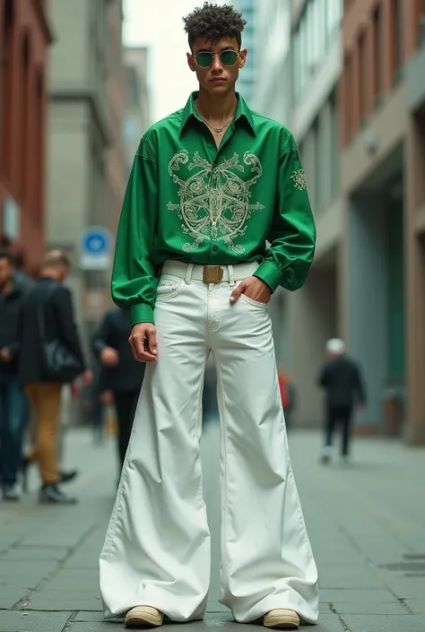 White bell bottom pant with full sleeves green satan shirt for men
