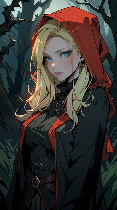 Red riding hood, Blonde hair, mature, dungeon and dragons setting, forest, night, heavy fog, gothic horror, sinister look, blue eyes