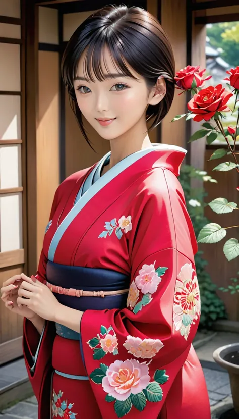 a slender japanese model with a blunt straight haircut, wearing an exquisite kimono adorned with rose embroidery, makes a heart ...