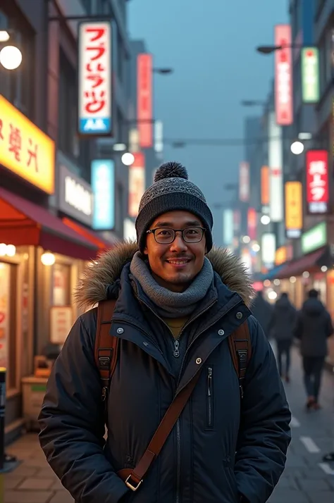 A realistic image of a Thai male vendor around 30 years old, with tan skin, wearing a thick winter jacket, a beanie hat, and glasses. He has a friendly expression and is standing outdoors in a busy Japanese city, with modern buildings, shops, and neon sign...