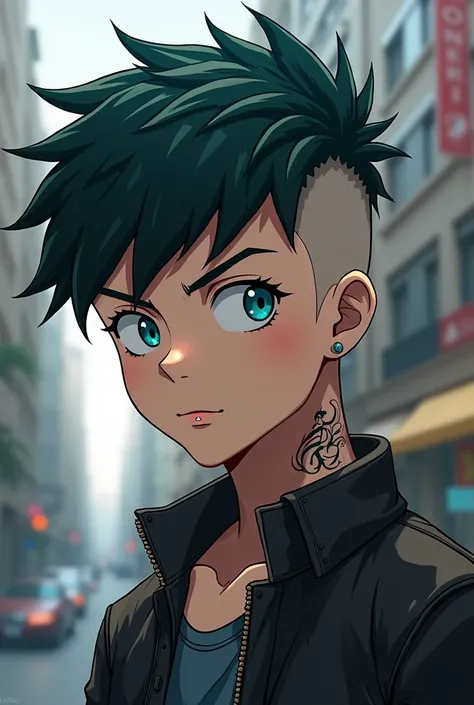 A boy with short hair shaved on the sides, has blue eyes, She has a lip piercing and a tattoo on her neck in the style of My Hero Academia.