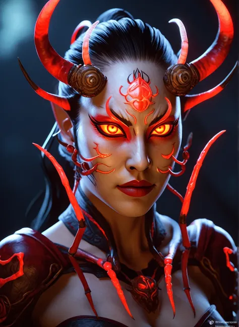 (((beautiful woman:1.4))),oni mask,more eyes,horns,arthropod limbs,spider legs on her back,red glowing eyes,3 eyes,realistic,epi...