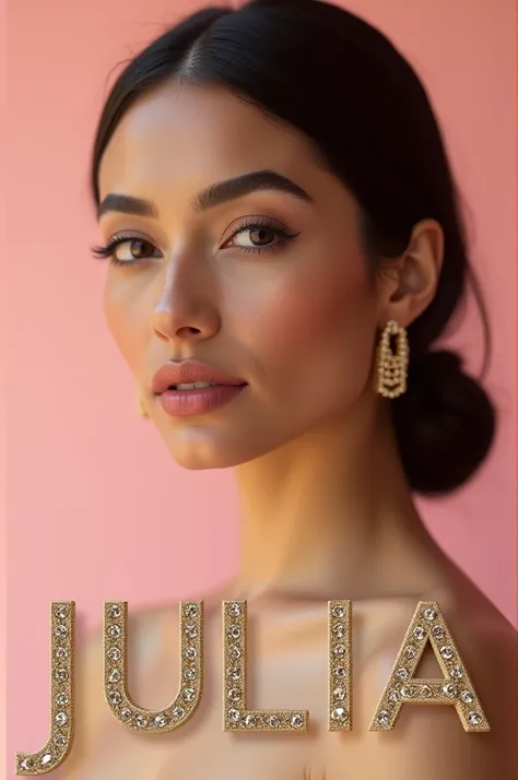 An image of a Dominican woman , Psychologist ,elegant delicate name Julia in gold letters with diamonds ,pink background with golden touches ,elegant and sophisticated 