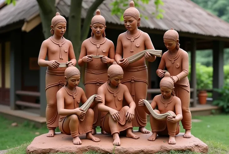 The sculpture is a freestanding sculpture that depicts the ancient Thai people who performed important traditional activities such as weaving. The background of the sculpture is a Thai-style house, which conveys the connection between the traditional way o...