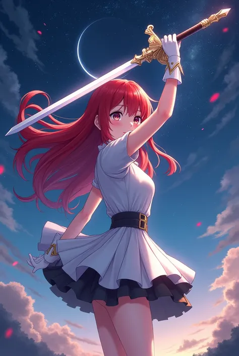 Red long hair anime girl，White Gloves，short skirt dress，Night sky，holy sword