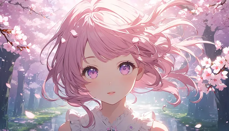 Create a spring-like wallpaper。beautiful girl anime。up。Soft light is shining in。cherry blossoms。profile。Delicate dresses。Pink flowers in the hair, anime style 4k, anime wallpaper 4k, anime wallpaper 4k, anime art wallpaper 4k, anime art wallpaper 4k, 4k an...