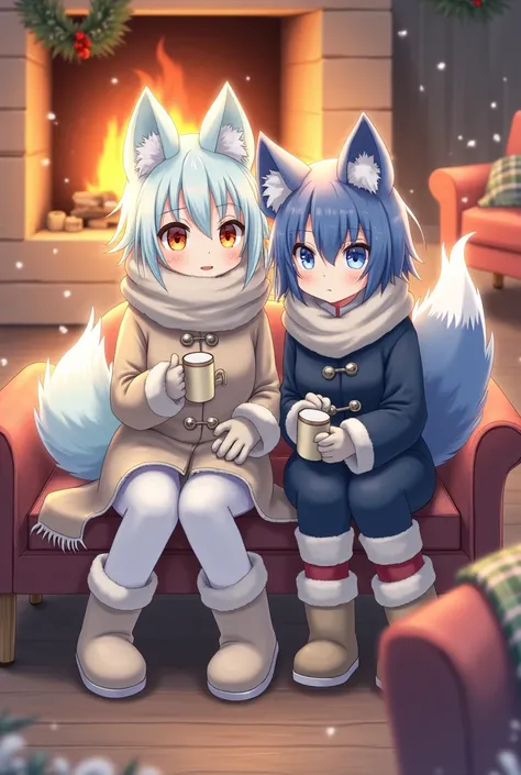 Anime character with light blue arctic fox ears wearing winter attire next to another anime character with blue fox ears and winter attire in a warm and cozy setting professional furry drawing
