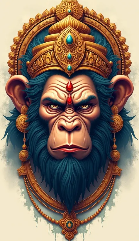 a highly detailed and intricate illustration of lord hanuman, 4k resolution, ultra high definition, extremely detailed and realistic face, beautiful ornate jewellery 