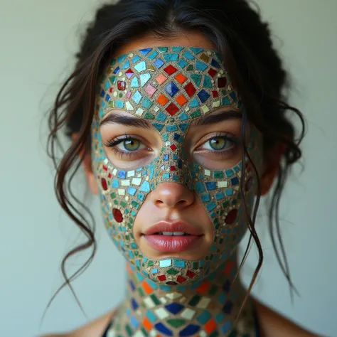 Woman with face painted in mosaic pattern、Tiles covering the entire face