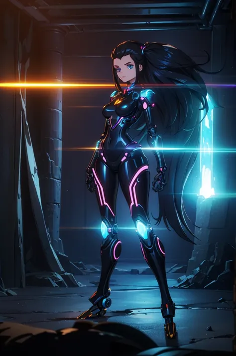 studio photo, beautiful robotic metal woman standing alone, strange fantasy image, odd glowing rocks, beautiful, detailed, long flowing hair, medium breasts, great skin texture