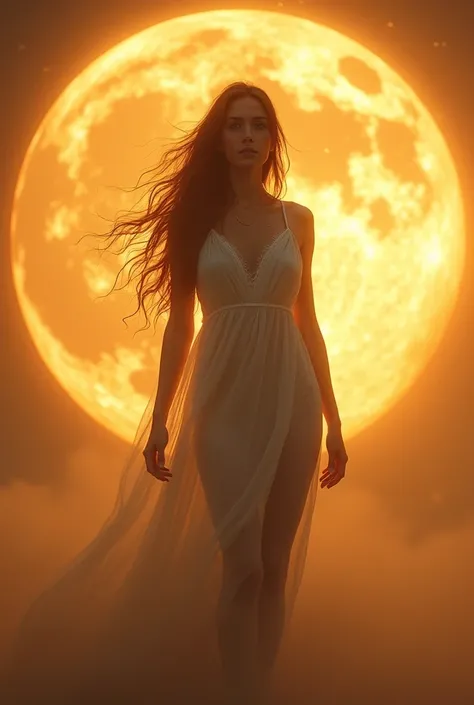 Image of a woman with long hair, a beautiful face and blue eyes, standing on the sun.