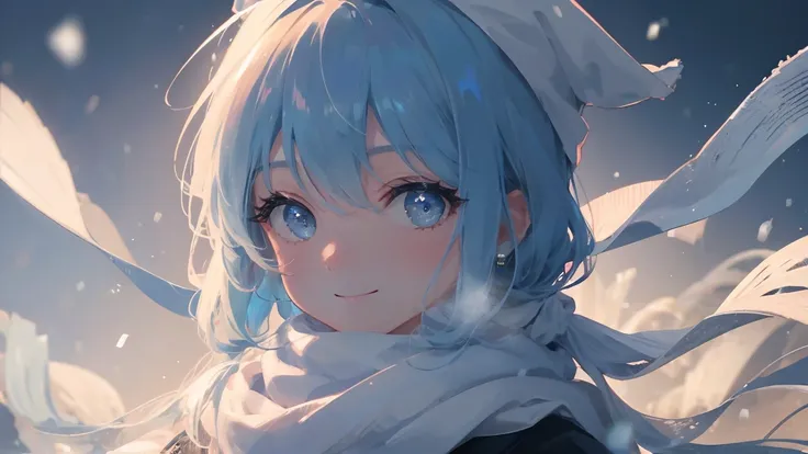 (high quality, 8k), warm,(Soft Light),smile , snow, Blue Hair,scarf,