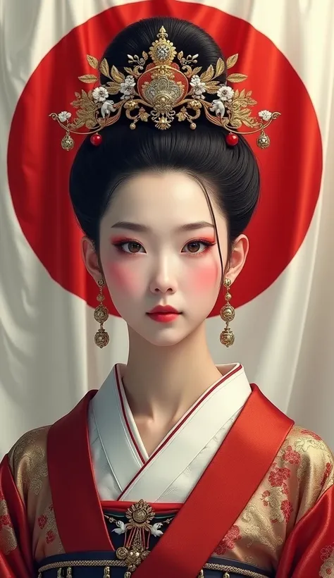 Young and beautiful Japanese queen。With the Japanese flag in the background