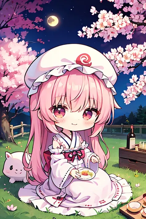 saigyouji yuyuko having a picnic under a cherry blossom tree eating gourmet food, night cherry blossom, moonlit night, drinking sake, having a picnic, small chest, default clothes, saigyouji yuyuko, saigyou_ayakashi, bare_tree, 1chibi princess, stand next ...