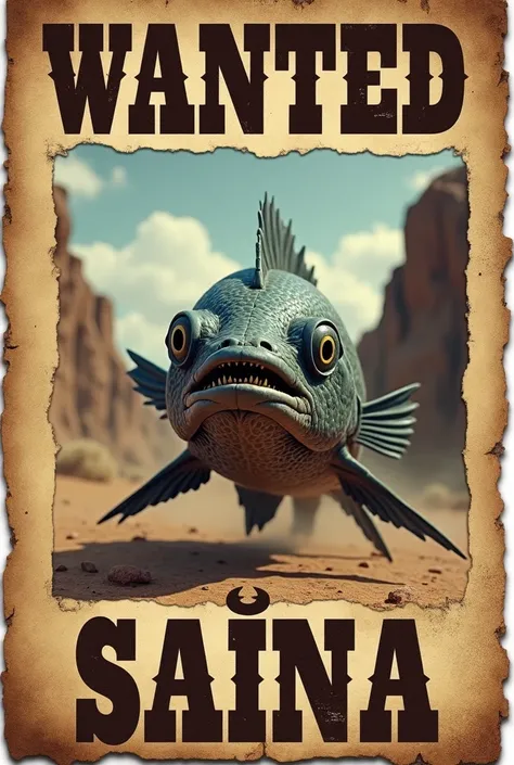 a wanted poster, Wild West Style, the wanted image will be a saúna fish.