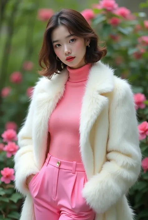 a woman in a pink outfit and white fur coat, ulzzang, full body cute young lady, korean idol, wearing a pink rabbit costume, female actress from korea, hooded fur coat, full body playboy set, cute korean actress, as a character in tekken, korean womens fas...