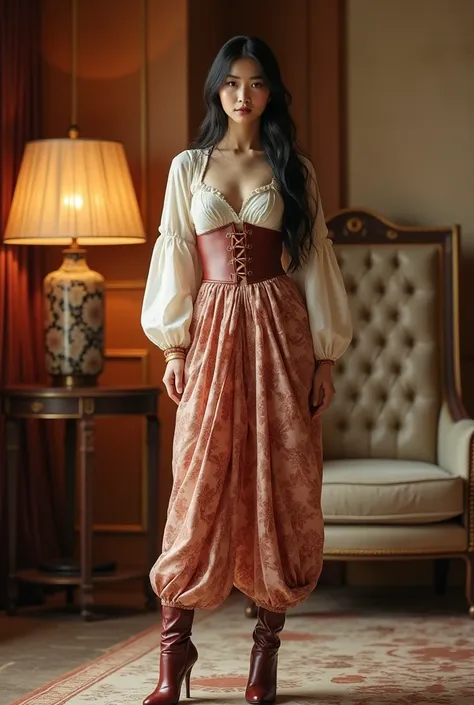 a beautiful young chinese woman, in traditional indian shalwar, printed salwar, balloony salwar, intricate pleats in salwar, plain shirt tucked in, corset, high heel boots, 34 28 32, gentle lighting, intricate facial details, in a luxurious 5 star hotel ro...