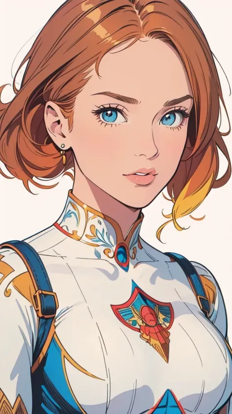 masterpiece,extremely beautiful woman,Excellent sense,(((perfect very white background))),American Comics,(((The Perfect One Woman))),(((one person))),colorful,Highly detailed perfect upper body,highly detailed face,near future,SF,