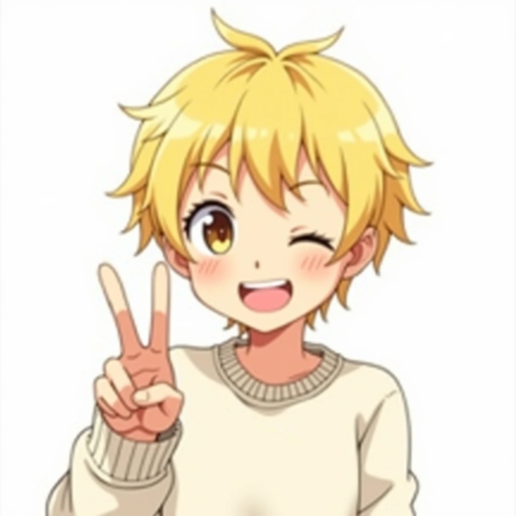 Blond boy anime blonde hair white sweater makes one eye closed smiles and shows peace background also white