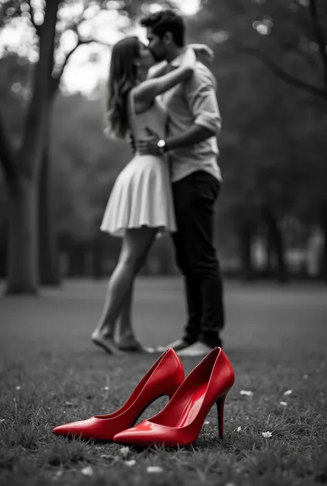 A black and white shot of a couple embracing each other in a park. The woman is barefoot. In the foreground are bright red high heels that have been discarded. Close-up shot of high heels from low angle