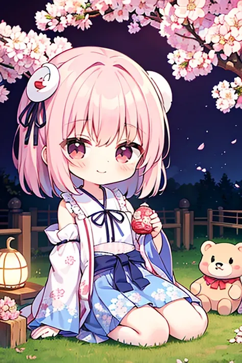 Enjoying cherry blossom viewing with horses　Enjoying cherry blossom viewing with thoroughbreds　saigyouji yuyuko having a picnic under a cherry blossom tree eating gourmet food, night cherry blossom, moonlit night, drinking sake, having a picnic, small ches...