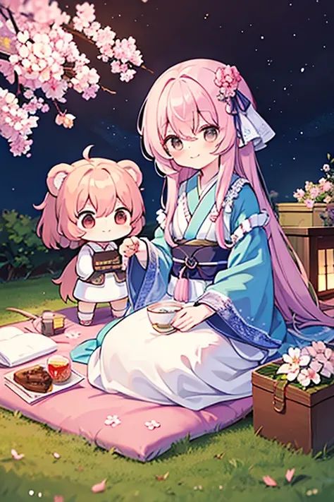 Enjoying cherry blossom viewing with horses　Enjoying cherry blossom viewing with thoroughbreds　saigyouji yuyuko having a picnic under a cherry blossom tree eating gourmet food, night cherry blossom, moonlit night, drinking sake, having a picnic, small ches...