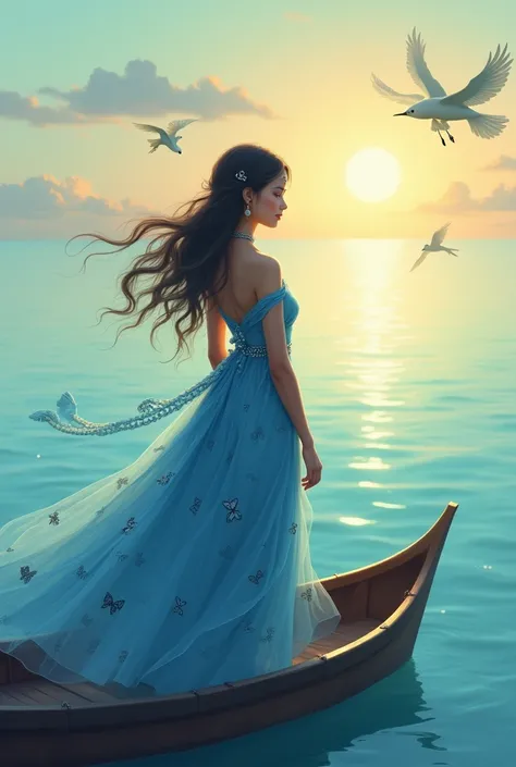 Show a  girl standing in a boat ,middle of sea
At morning where sun rises 
And birds fly
Fishes jump
The girl wearing blue coloured beautiful butterfly gown
She keeps bindi also
With necklace and earings
