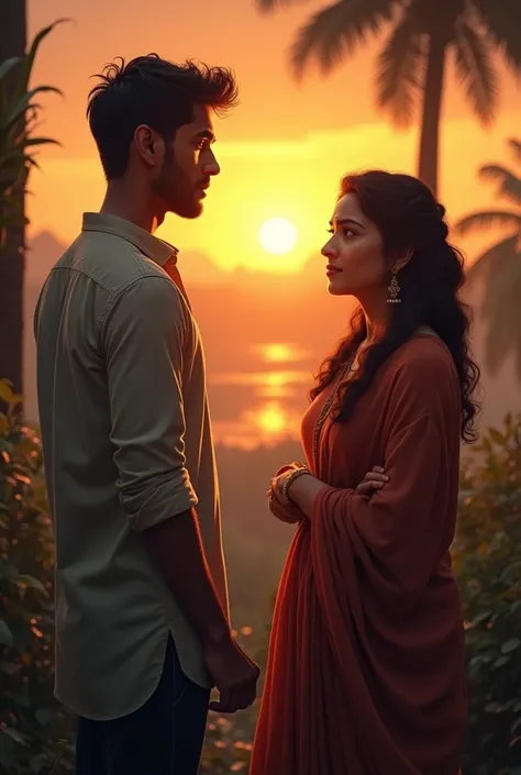 
A serene evening setting where सञ्जय nervously speaks to सुष्मा, her expression warm but uncertain, with the sun setting behind them.

