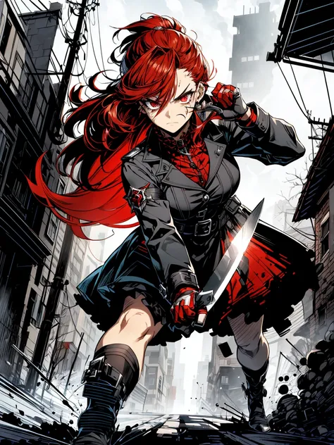 (Best quality),(Animation style, Comic noir style:1.1),dynamic composition, action pose, 1 girl, cute style, Beloved,Very detailed face, Very detailed hair, With bangs, 8k,gothic dress,gothic punk,Blood is spurting out, dark shade, Red hair, long hair, Red...