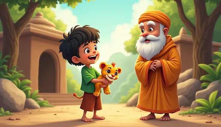 Little Lion cute and  green tshirt and  cartoon style तब लड़का अंशु, लाइन किट्टू को लेकर  इंसान शेरू बाबा के आश्रम में जाता है और सारी बात शेरू तपस्वी बाबा को बताता है ।