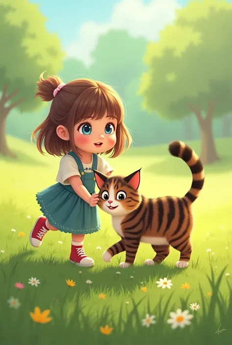 A four-color mixed tabby cat : roux, blanc, marron et noir avec un trait noir sous les yeux et une fillette de 3 ans, with shoulder length brown hair and dark blue eyes playing in the grass.